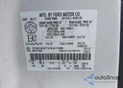 2012 Ford Escape Xlt z USA, uszkodzony, nr VIN 1FMCU0D73CKA11006